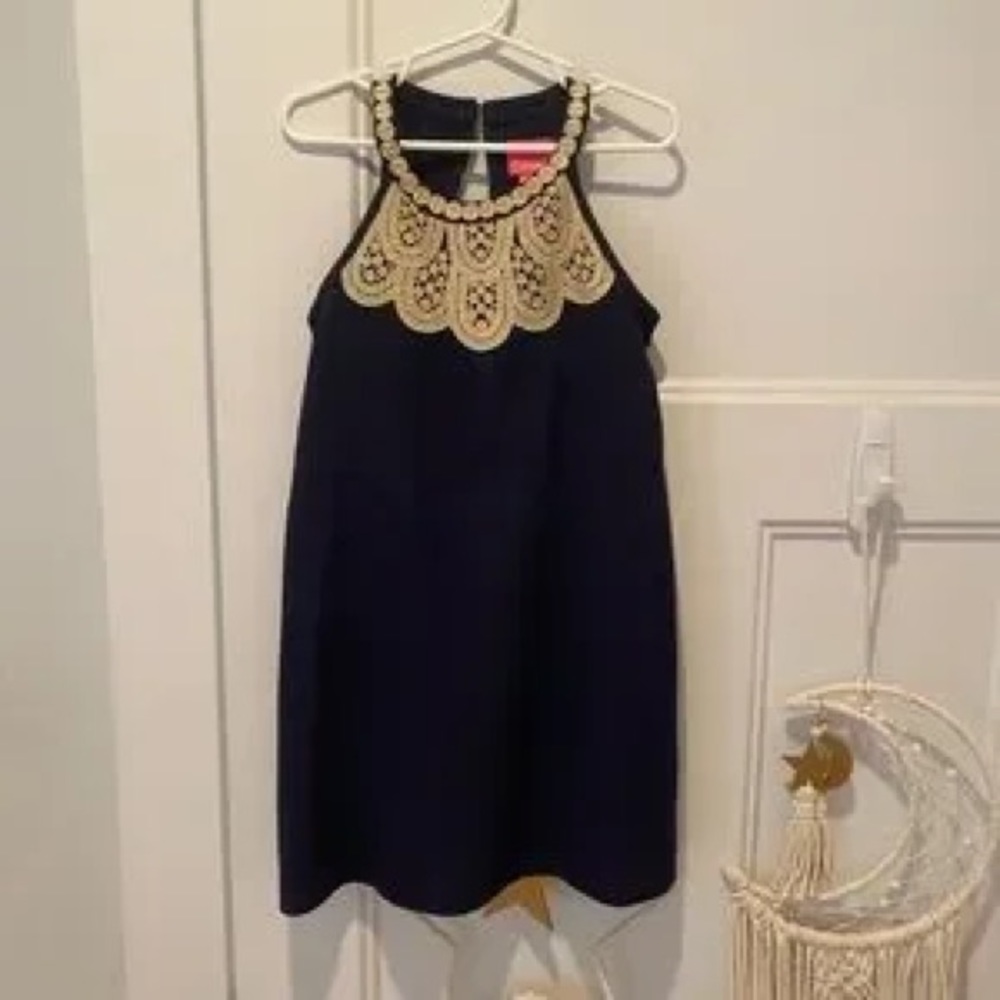 Lily Pulitzer Girls size 14 Navy shift dress with gold embroidery lace